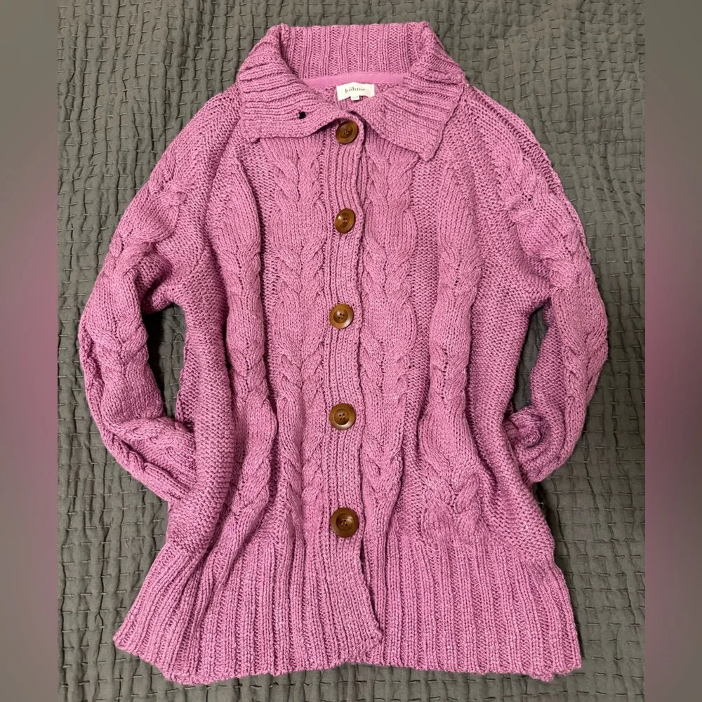 Bohme Womens Pink Chunky Cableknit Cardigan Sweater - Picture 3 of 7